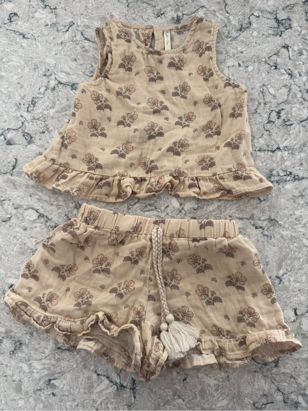 Rylee + Cru Beige Floral Ruffle Kids Matching Set